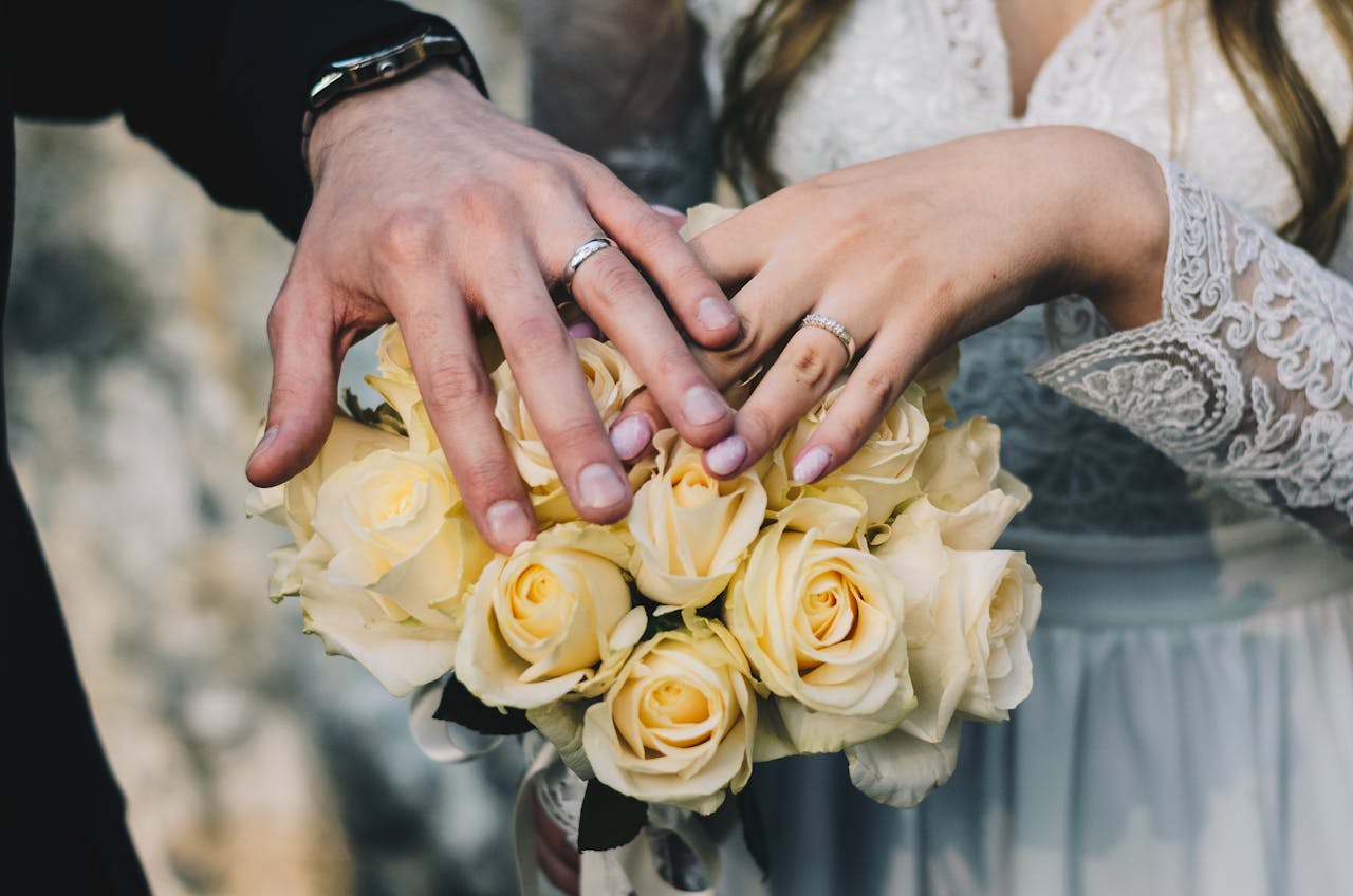 Couple holding hands with rings